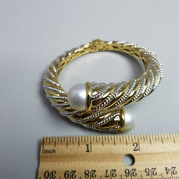 Vintage Hinged Crossover Bracelet Gold Tone Silver Tone Spiral Faux Pear Ends - Picture 7 of 9